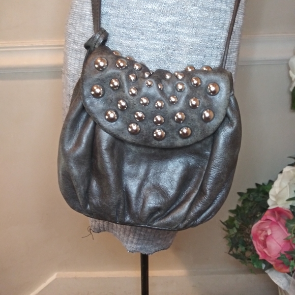 Badgley Mischka Charcoal Leather Boho/Rocker Chic Silver Studded Crossbody Purse - Picture 2 of 13